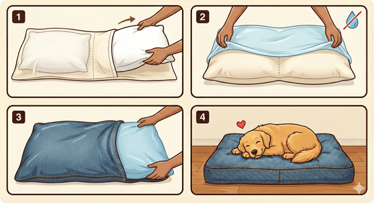 How to assemble your Dazzling Doggie Duvet: 1. Insert pillows, 2. Add waterproof liner, 3. Snap on duvet cover, 4. Ready