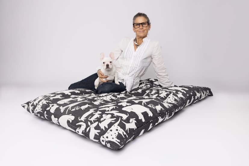 Founder Susan and her pup testing the 3-bed Dog Print. Made with love in Tampa!